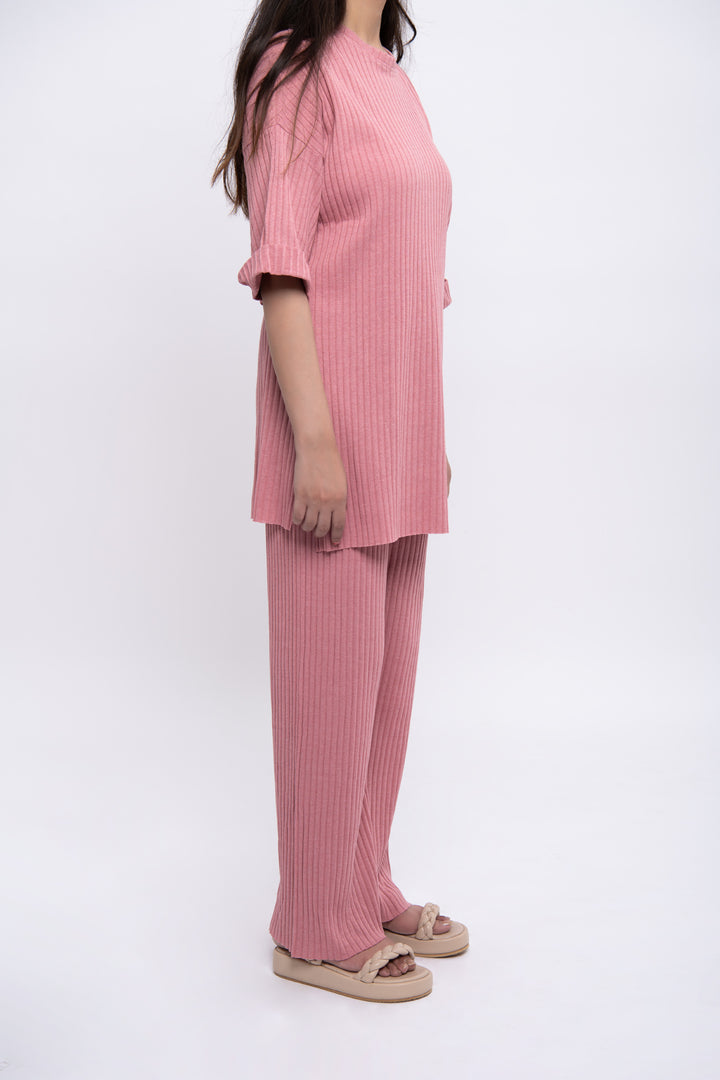 TEXTURED/ RIB KNIT SHIRT AND TROUSER