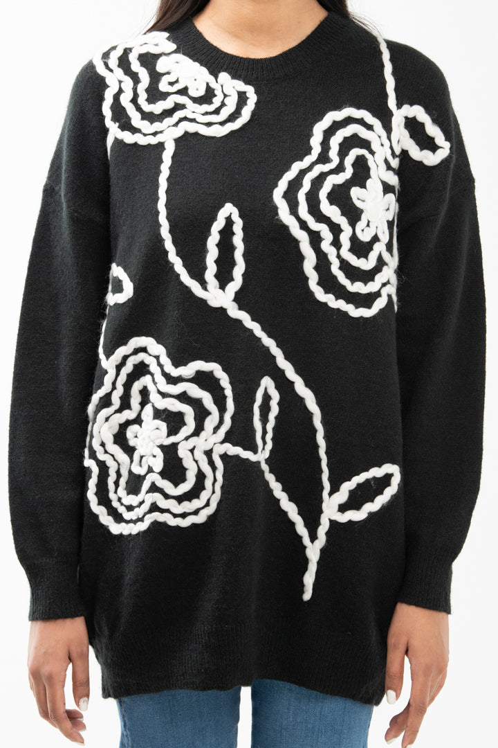 EMBROIDERED FLORAL SWEATER BLACK